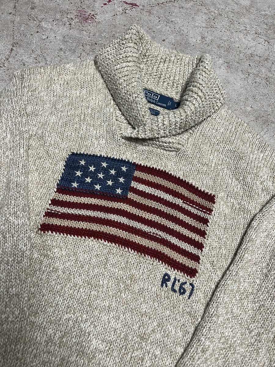 Ralph Lauren RRL ショールカラーニット　madeinUSA Vintage 90's Polo Ralph Lauren Mens L Beige RL67 USA Flag