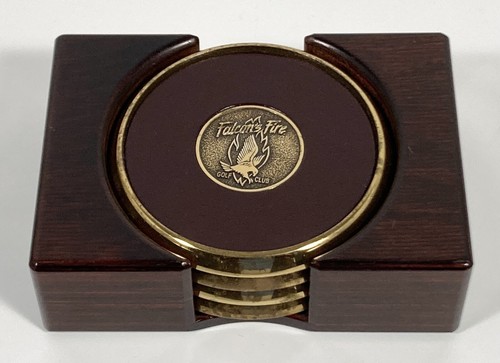 Flacon's Fire Golf Club 4 Round Brass Leather Coaster w/Wood Holder 5 Pc Set Vtg - Picture 3 of 23