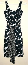 Ralph Lauren Black/White Print Tea Length Full Skirt Dress w/Scarf Chain Belt-4*
