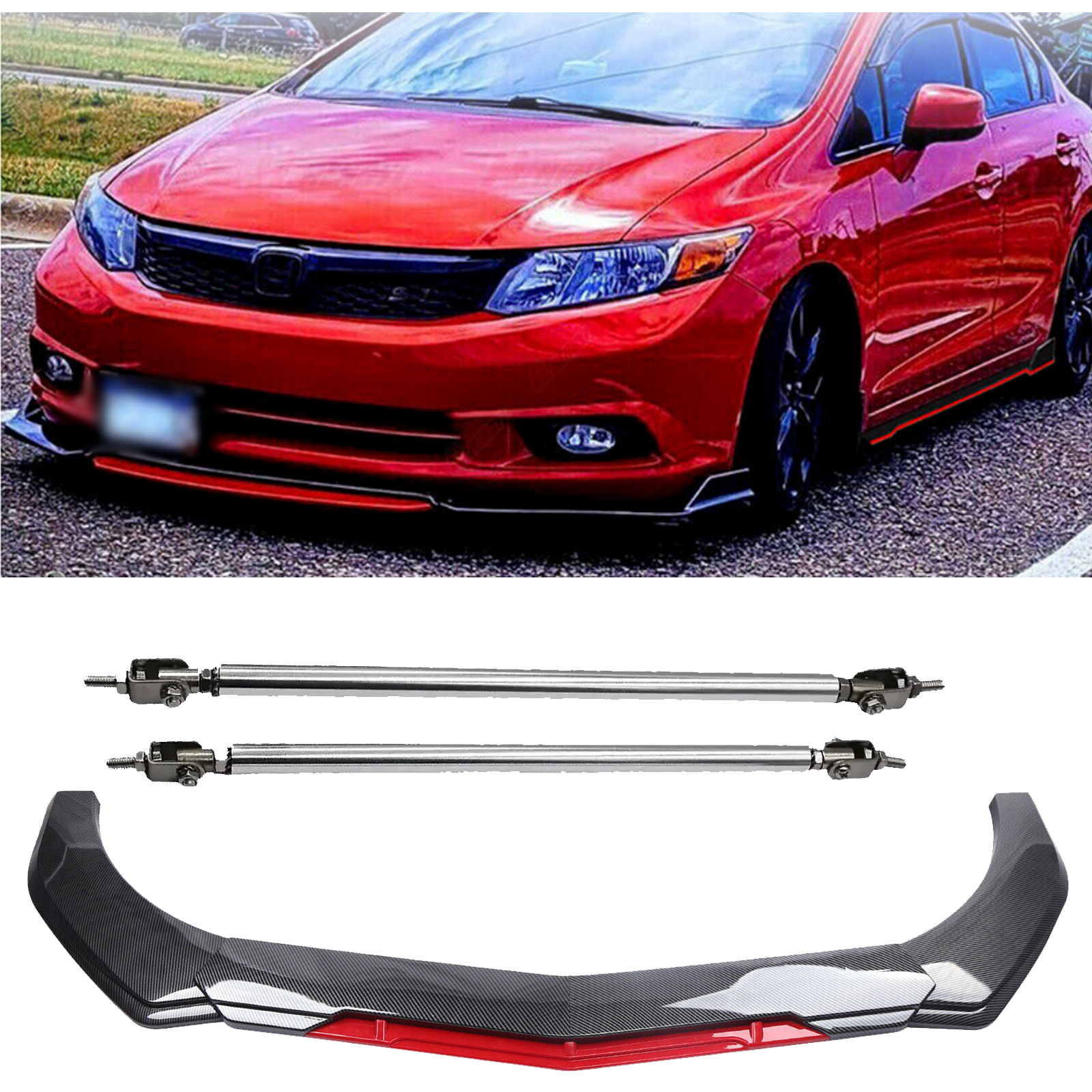 Honda Civic Carbon Fiber Front Bumper Lip Spoiler Splitter with Strut Rod