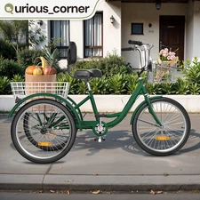 26" Adult Tricycle Trike 3 Wheels Bicycle Single 1 Gear Removable Basket Green