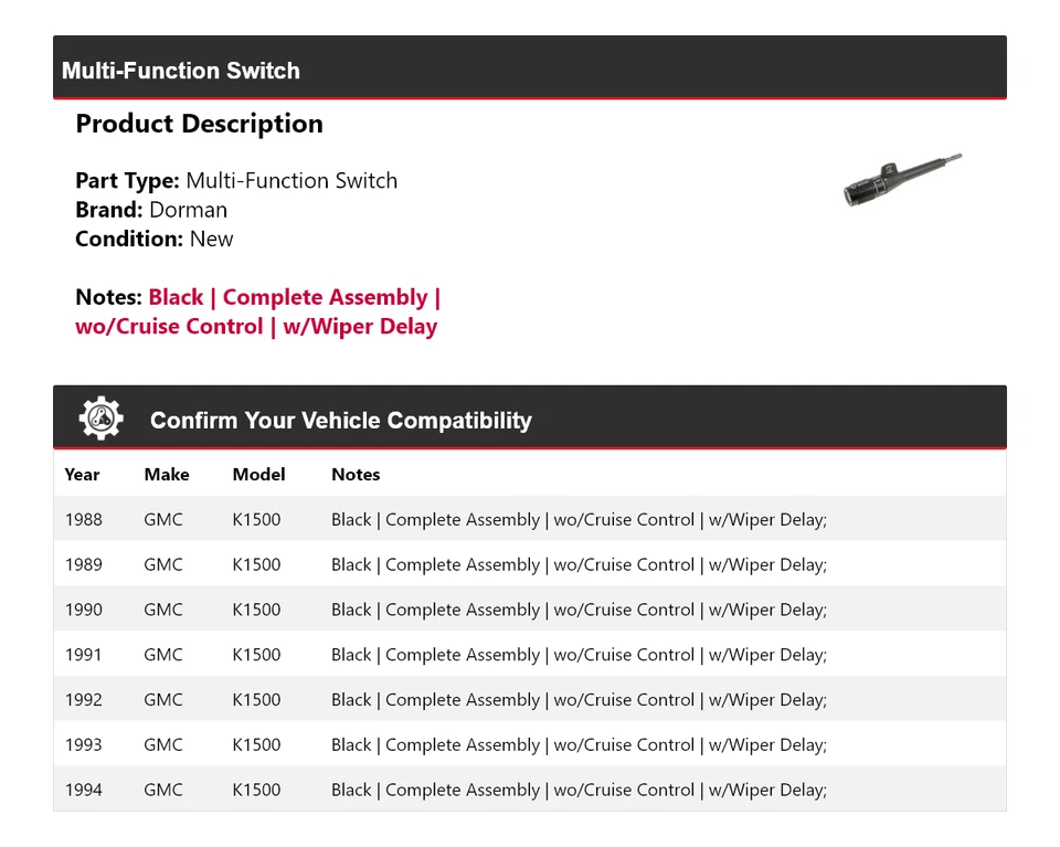 Многофункциональный переключатель для 1988-1994 GMC K1500 Dorman 1989 1990 1991 1992 1993 - Изображение 2 из 4
