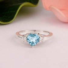 8MM Heart Shape Natural Blue Topaz Solitaire 925 Sterling Silver Side Stone Ring