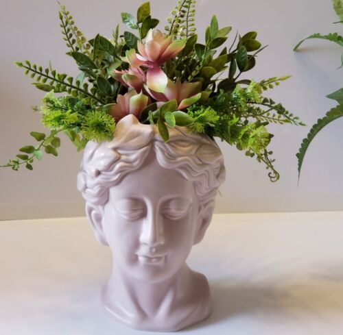 Ceramic Sculptured Greek Head Planter Decor With Succulent Flowers - Picture 1 of 8