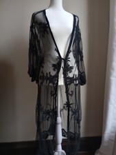 Black Lace Long Duster Tie Front Gypsy Witchy Whimsy Goth Coverup Cardigan Fairy