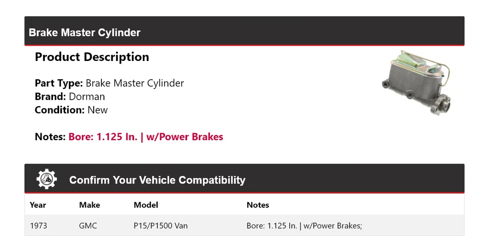 Cilindro maestro de freno para GMC P15/P1500 1973 Van Dorman Foto 2 de 4
