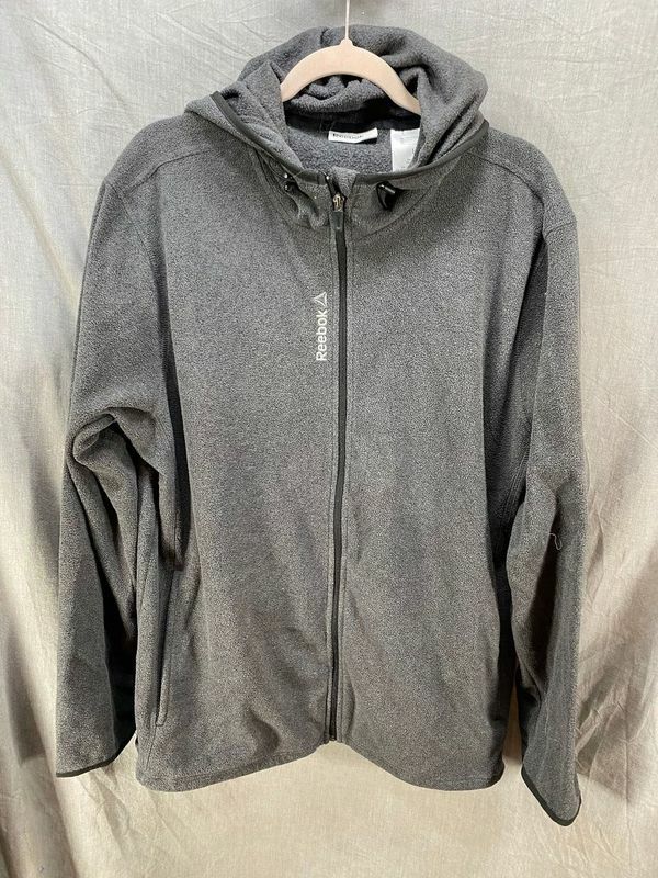 Reebok Fleece Jacket Adult Large Gray Long Sleeve Full Zip Hooded Mens.
