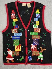 Vtg Ugly Christmas Sweater Vest XL Santa Rudo...