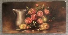 VTG 70's Oil Panting Floral Still Life Roses  MCM Victorian 30” X 15” Signed