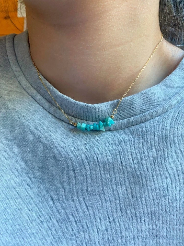 Collares de mujer de 18"" con barra de cadena dorada cuentas de piedras preciosas de astillas lisas sin cortar de amazonita Foto 2 de 4