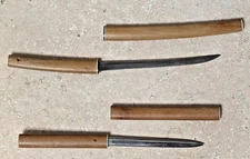 Katana Style Sword = 2 Letter Openers with Bamboo Sheath Vintage Japan Miniature