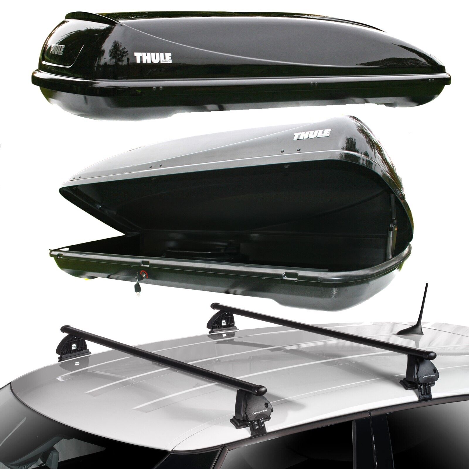 Complete Roof Rack Bars & Thule Roof Box 450L, Fits Nissan Juke 2010 to 2018