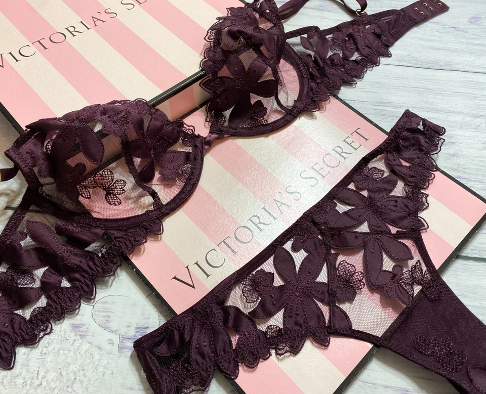 Victorias Secret LUXE Conjunto Sujetador Balconette Bordado Floral Sin Forro Violeta Oscuro  Foto 2 de 4