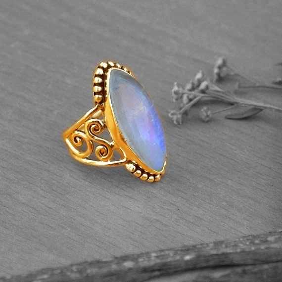 Anello Pietra di Luna Arcobaleno Oro 18K Gemma Gioielli Regalo la sua... - Immagine 2 di 4