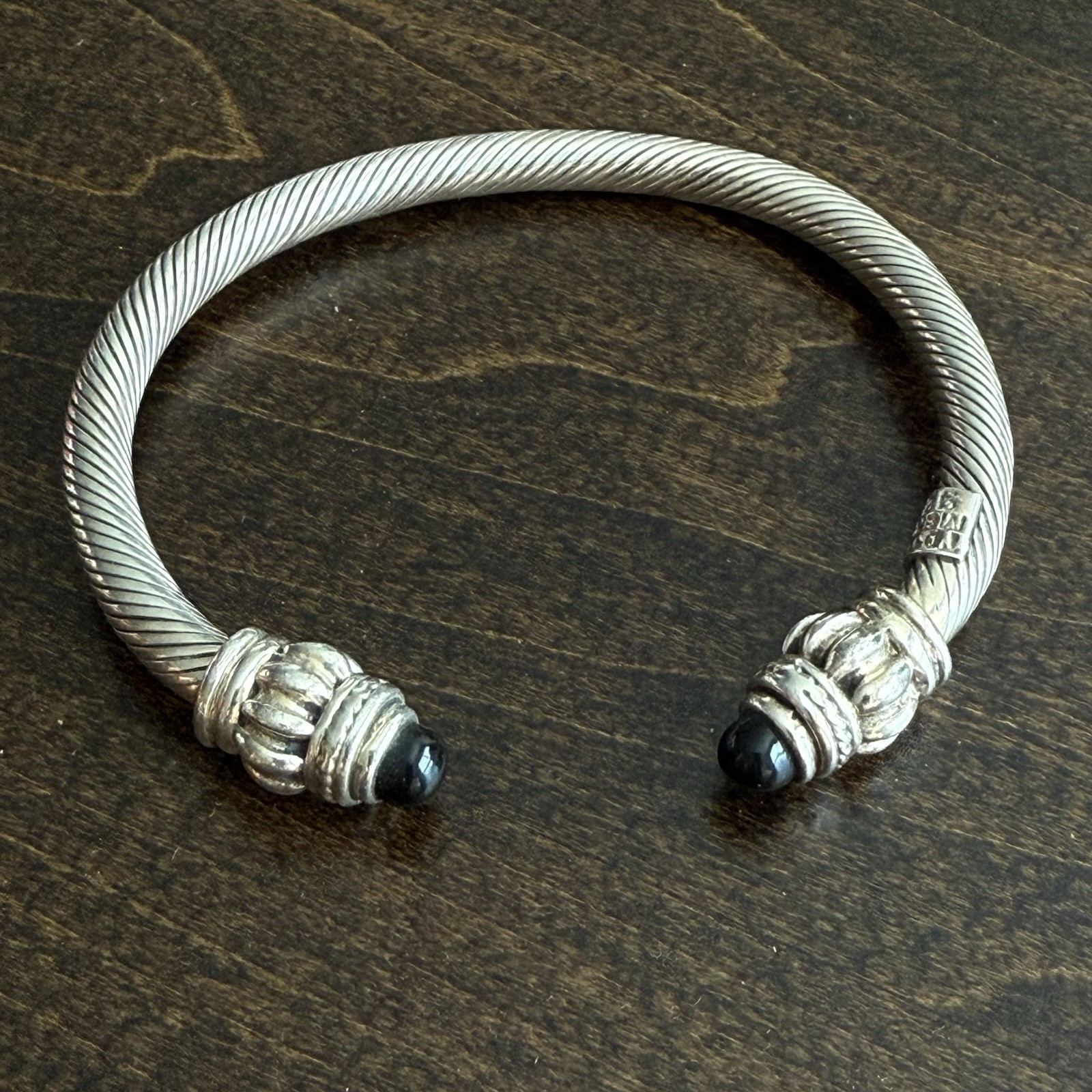 Sterling Silver Unsigned Cable Cuff Black Onyx Ba… - image 1