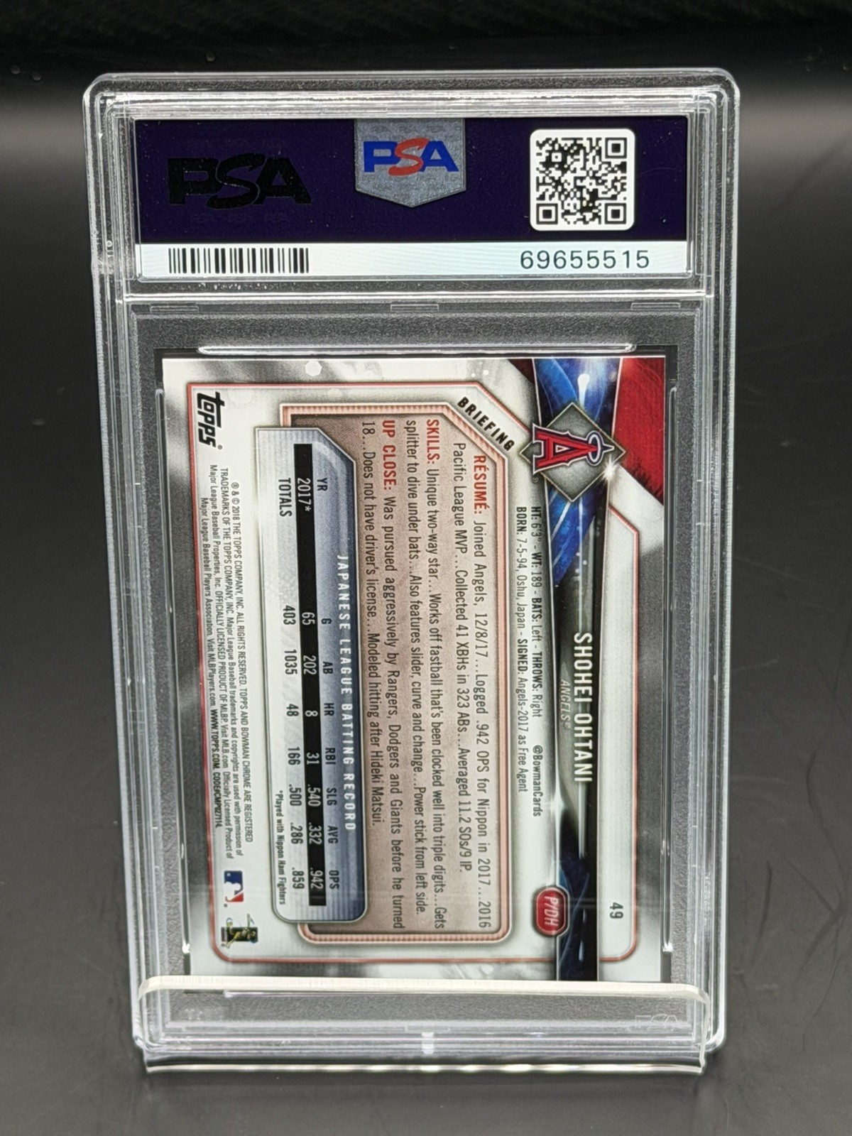 2018 BOWMAN #49 SHOHEI OHTANI ROOKIE RC PSA 10 Angels view 2