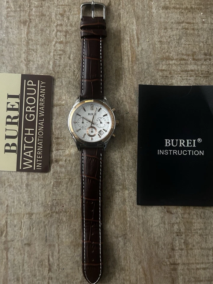 BUREI Reloj Hombre Cronógrafo Cuarzo con Correa Cuero Marrón Foto 2 de 4