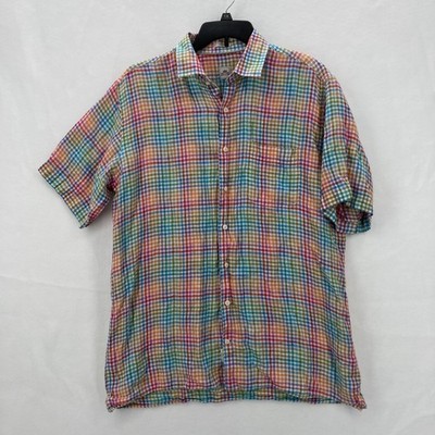 Peter Millar Shirt Mens Large Plaid Linen Button Up Short Sleeve Preppy Nautical