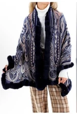 LA FIORENTINA PAISLEY PRINT 100%WOOL WRAP WITH REXFUR TRIM - NAVY ORG$499