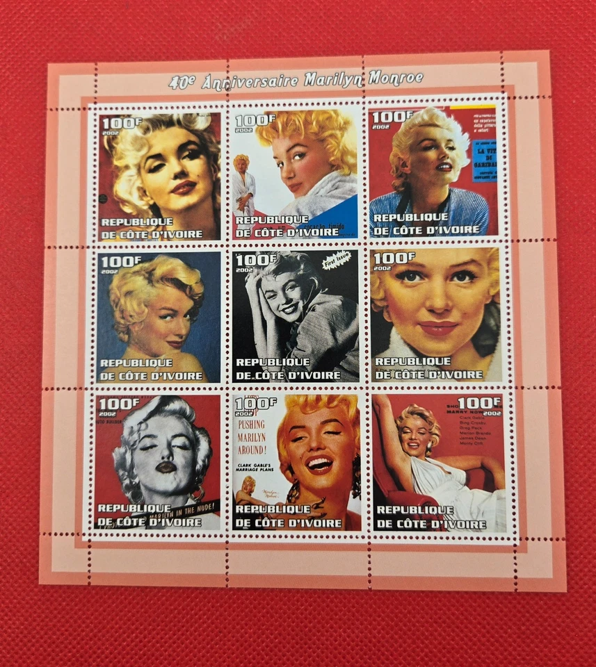Marilyn Monroe Stamps Actress 2002 Ivory Coast 3 Stamp Sheets 24 Stamps Total - Image 2 of 4