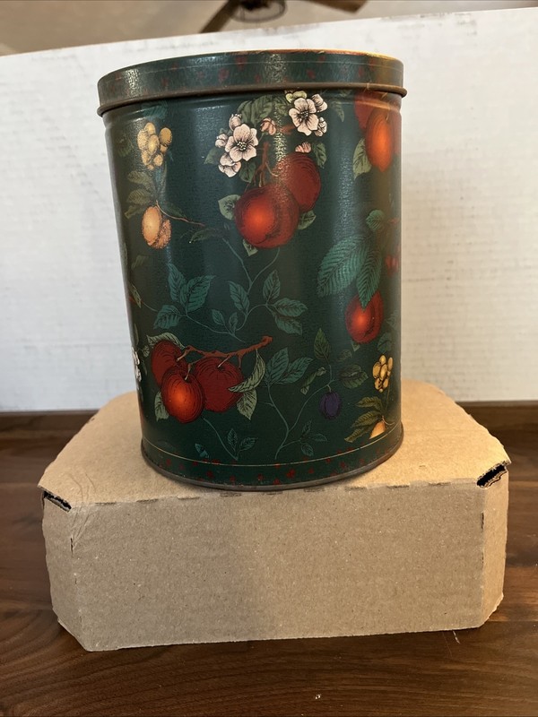 VINTAGE FLORAL TIN CANISTER WITH FRUIT MOTIF RETRO RUSTIC FARM HOUSE 7"