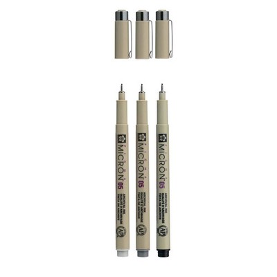 Sakura Pigma Micron 05 Fineliner Set, 3 Pens, Black and Grey