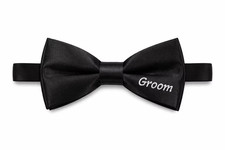 Groom Bow Tie Black Satin Embroidered Wedding Formal Adjustable