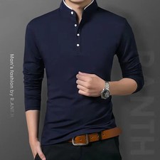 Men's Fashion Long sleeved POLO Shirt Casual Cotton Breathable Top Stand up Coll