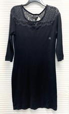 EXPRESS Black Sweater Dress Size L Lace Neckline 3/4 Sleeve Knit Mini Stretch