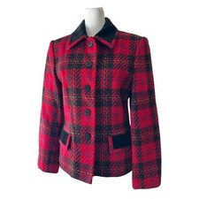 Vintage  90s Kasper 100 Wool Red  Black Plaid Button Front Collared Jacket