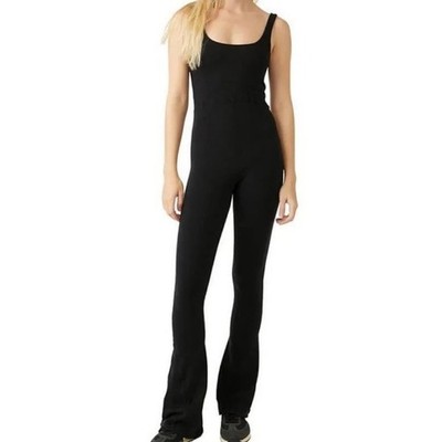 WILO Flare Rib Jumpsuit Black Ribbed Scoop Neck Flare Leg Small NEW sporty