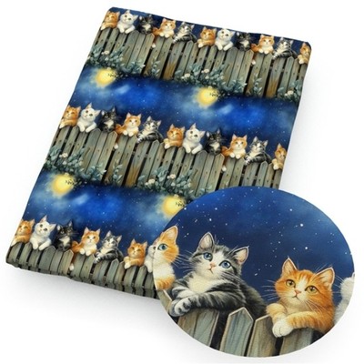 Cat kitten kitty fence night sky Polycotton fabric 18''x55'' 1268593 Half yard