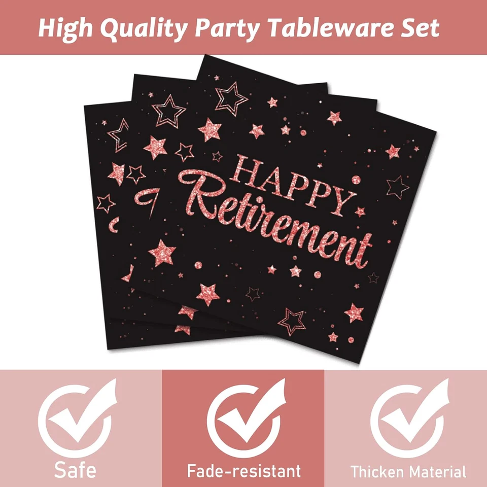 96 Pcs Retirement Party Plates Napkins Tableware Set Rose Gold Happy Retirement - Image 3 of 4