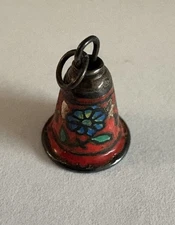 Vintage Sterling Silver Red Enamel Bell Charm Pendant Flowers