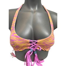 Victoria's Secret Happy Zebra Cheetah Reversible Lace Up Halter Swim Top S