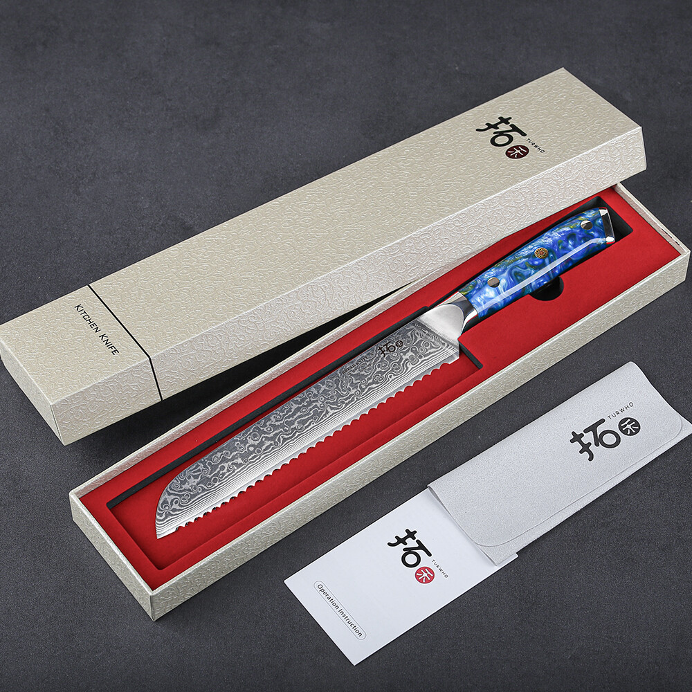 2Pcs TURWHO 8in Bread Knife Japan VG10 Damascus Steel Kitchen Knife Chef Shears
