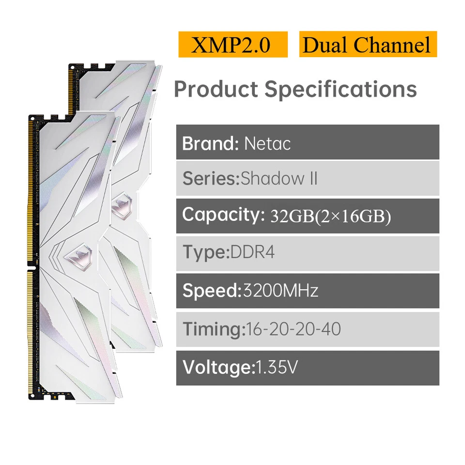 Netac DDR4 32GB (2x16GB) DDR4 3200MHz C16 UDIMM Desktop Internal Memory RAM Kit - Image 2 of 4