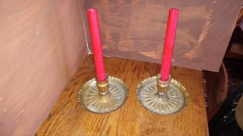Antique, Vintage Tin Candle Holder Pair with red candles