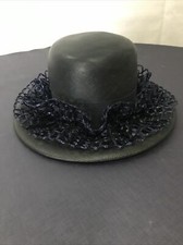 Alfreda Navy Blue Straw Ruffle Ribbon Wide Brim Vintage Hat