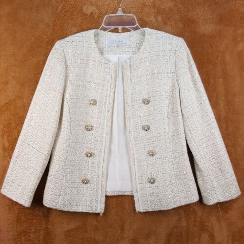 TAHARI Womens Blazer Size 4 Crew Tweed Open Pastel Pearl Gold Button Jacket - Picture 1 of 8