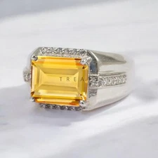 Citrine Emerald Cut Gemstone With 925 Sterling Silver Ring For Men's #869 *