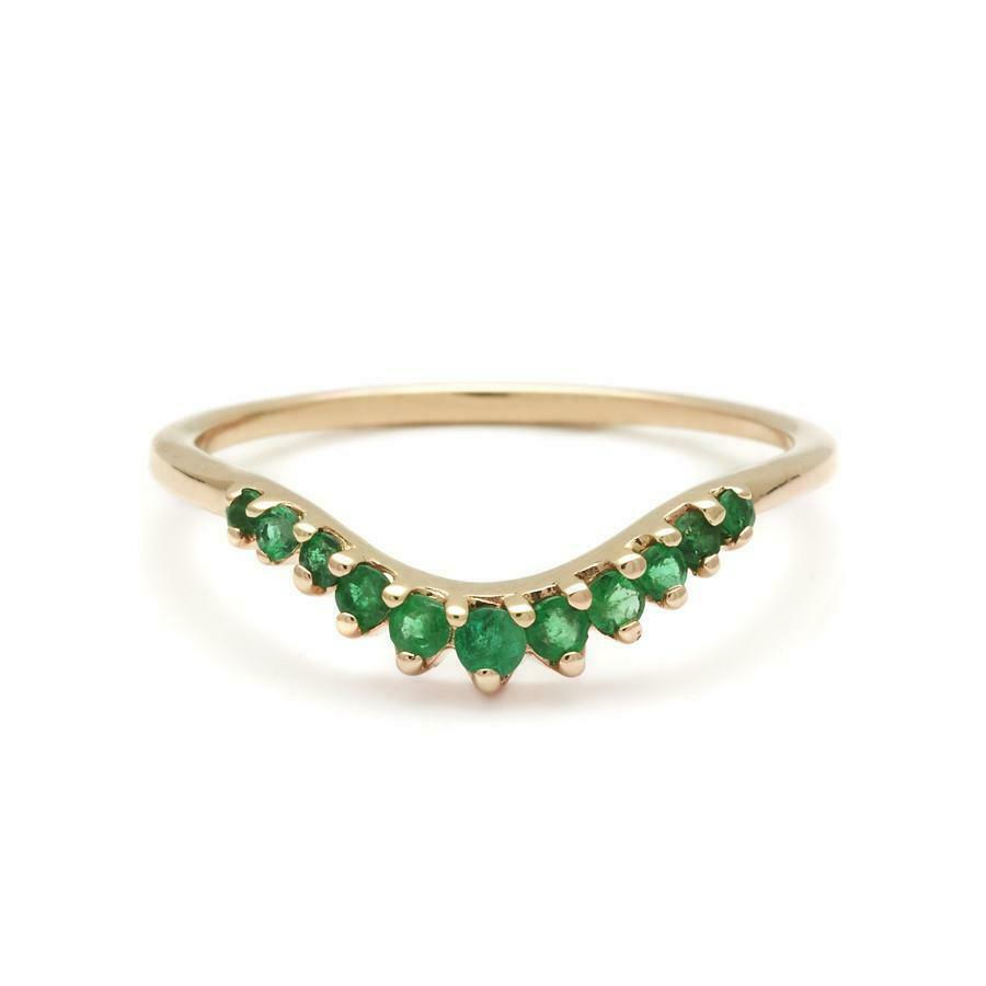 0.25ct Natural Emerald 14k Solid Yellow Gold Curved Crown Tiara Wedding Band-image