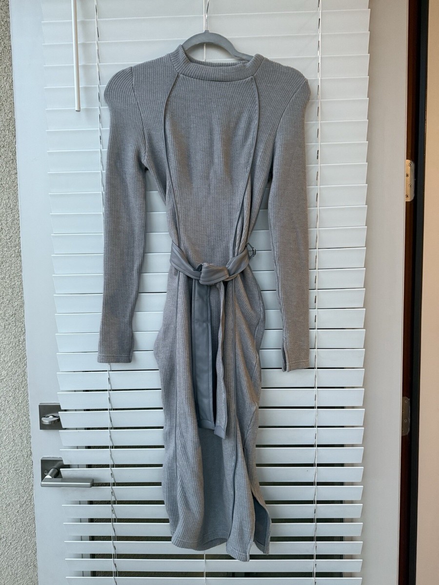 Akira Long Sleeve Midi Rib Knit Sweater Dress Sz S Gray W/ Belt Minimalist Long Akira Long Sleeve Midi Rib Knit Sweater Dress Sz S Gray W/ Belt Minimalist Long