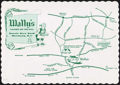 Vintage placemat WALLYS Tavern On The Hill map picture Watchung New Jersey nrmt+