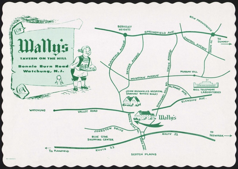 Vintage placemat WALLYS Tavern On The Hill map picture Watchung New Jersey nrmt+