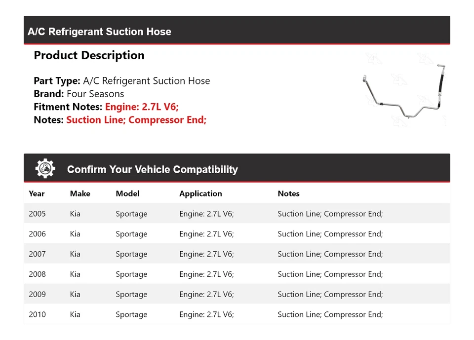 Manguera de succión de refrigerante aire acondicionado V6 2,7 L para Kia Sportage 2005-2010 4 estaciones 2006 Foto 2 de 4