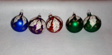 Vintage Ornaments Set of 5 Red Green Blue Purple White Leaves Mercury Glass