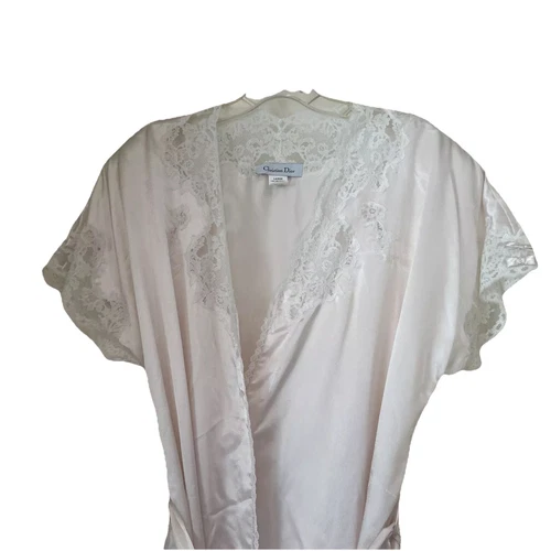 Robe longue rose pâle vintage Christian Dior taille L bordure ruban dentelle poche ceinturée