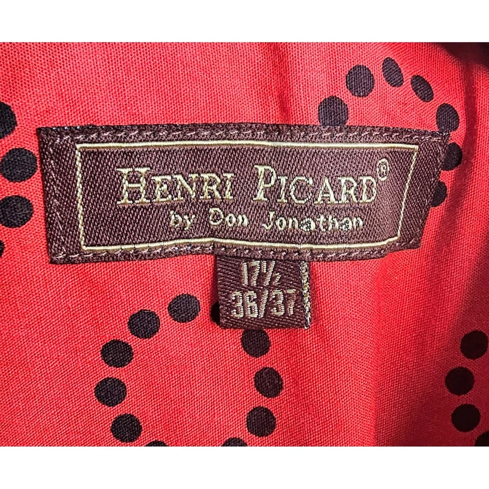 Henri Picard 男式法国袖口正装衬衫 17 1/2 36/37 红色黑色圆形图案 — 第 4/4 张图片