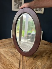 Vintage Dark Wood Bevel Edged Oval Wall Mirror - (VGC)